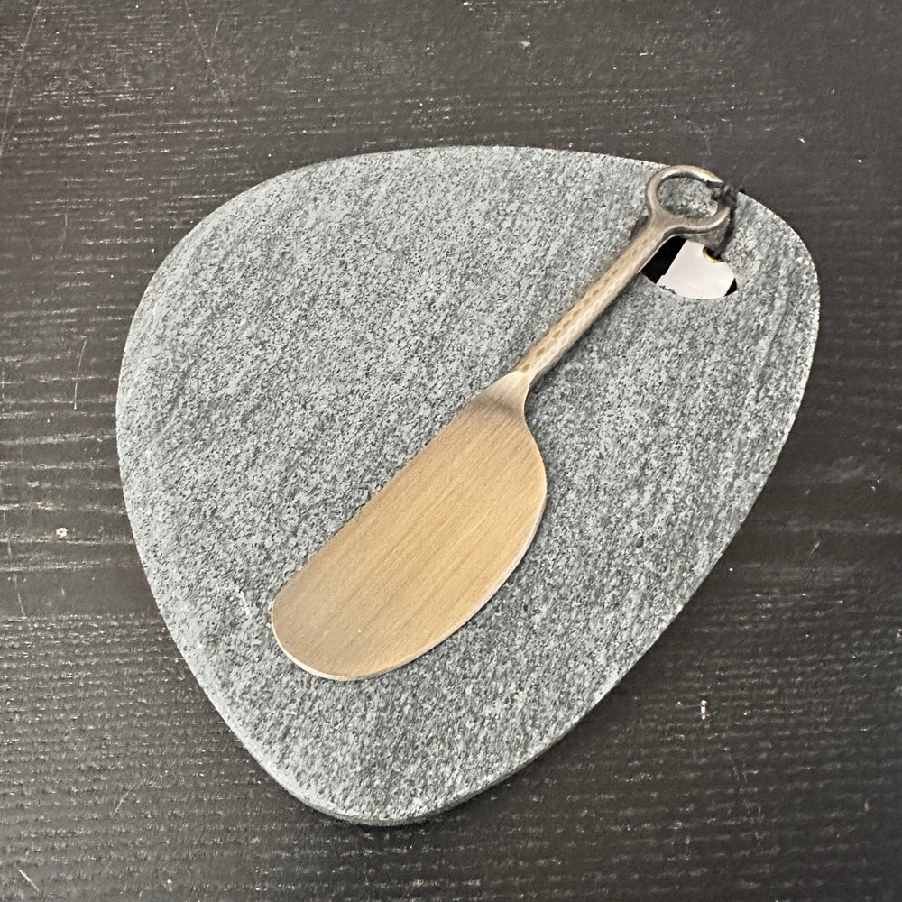 FLOOR 9 SMALL Gray MARBLE 7" cheese snack BOARD & brass metal SPREADER Knife New